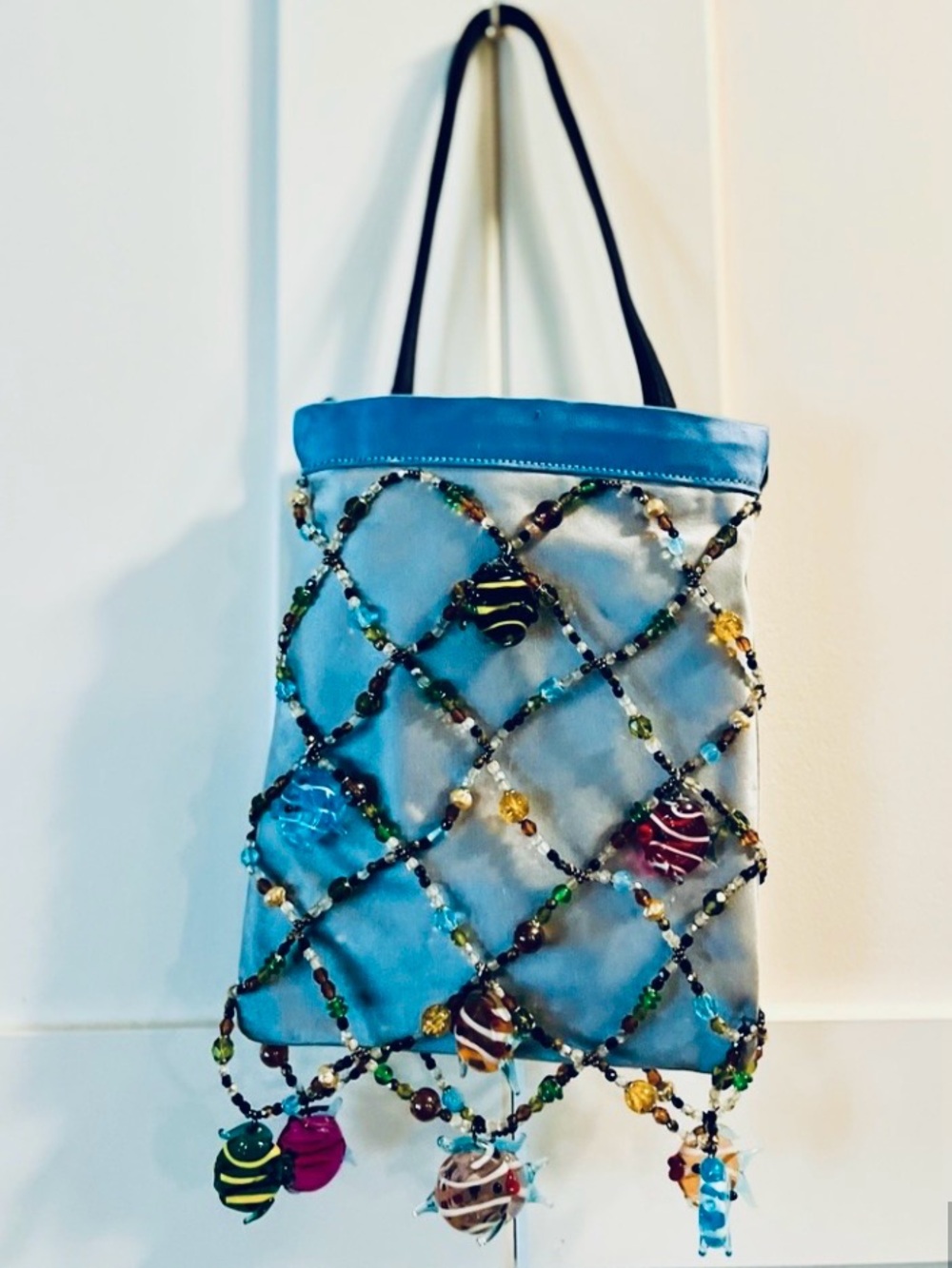 Renaud Pellegrino one of a kind Blue Satin Beaded Fish Charm Pouch